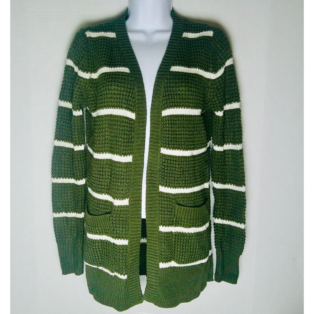 PINK ROSE DARK GREEN/GREY & WHITE STRIPED KNIT LONG SLEEVE CARDIGAN. SMALL